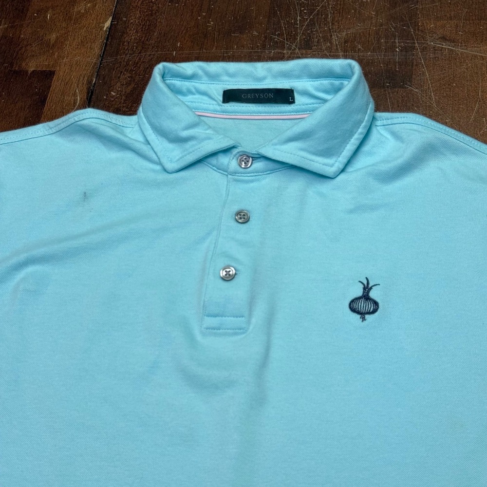 Rare Greyson Ohoopee Match Club Golf Polo Men L Gil Hanse Course Onion Logo OMC
